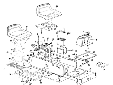 Seat, Fuel Tank, Battery, Frame Diagram and Parts List for 1999 Yard Machines Lawn Tractor